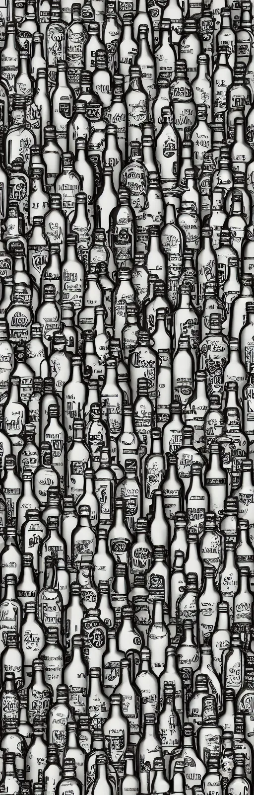 Prompt: repeating pattern of stylized beer bottles, extremely detailed and intricate, monochromatic