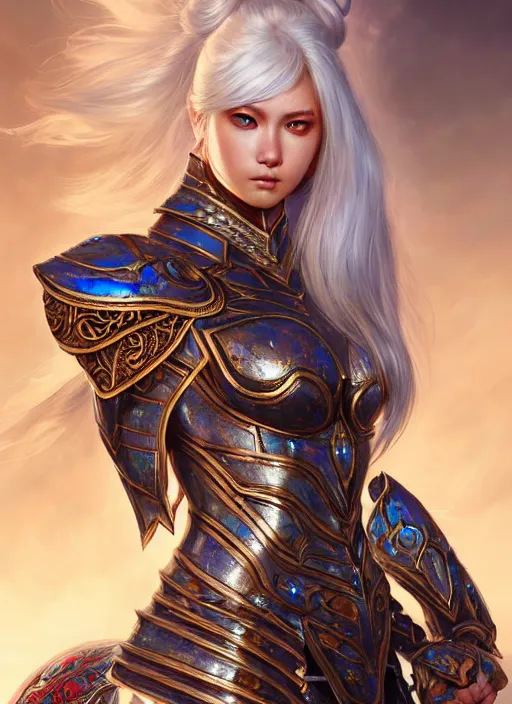 Image similar to warrior, intricate ornate opal heavy armor!!! beautiful and athletic white hair female!! gorgeous face and eyes!! character concept art, sharp focus, octane render! unreal engine 5! highly rendered!! trending on artstation!! detailed linework!! illustration by artgerm, wlop, and chie yoshii