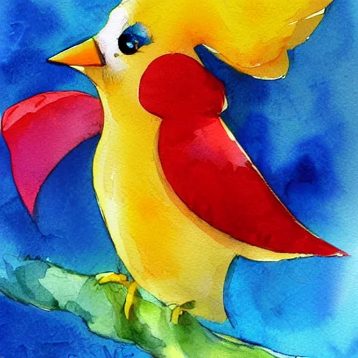 Image similar to a beautiful adorable fantasy whimsical watercolor painting of a blue bird, a red bird and a yellow bird, bright blue sky, Disney concept art, trending on artstation hq, contest winner