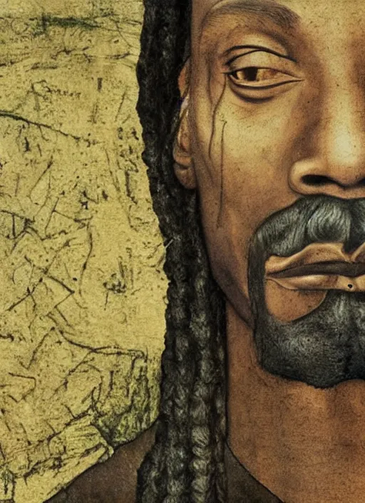 Image similar to a very high resolution image from a new movie, snoop dogg. drawn by leonardo da vinci. mountains, directed by wes anderson