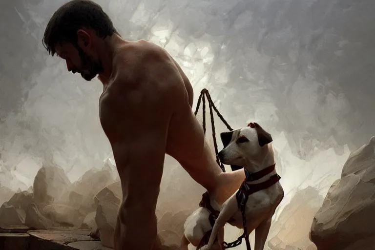 Image similar to a man tied to a pillar and jack russel terrier pissing on him, highly detailed, hyperrealistic digital painting, artstation, concept art, smooth, sharp focus, illustration, cinematic lighting, art by artgerm and greg rutkowski and alphonse mucha