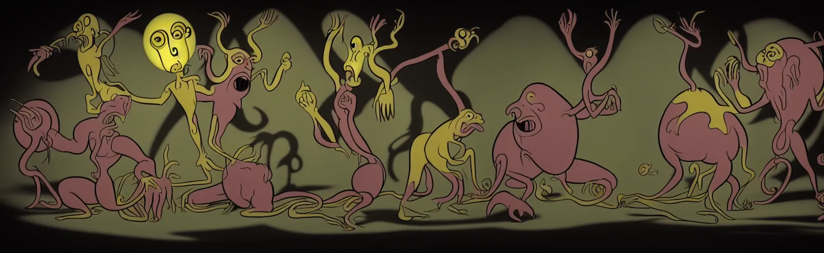 Image similar to whimsical creatures from the depths of the collective unconscious, dramatic lighting, surreal dark 1 9 3 0 s fleischer cartoon characters