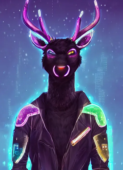 Image similar to award winning beautiful portrait commission of a male furry anthro Black Reindeer cyberpunk fursona with a tail, wings, wings, wings and a cute beautiful attractive detailed furry face wearing stylish black and rainbow galaxy clothes, outline, in a cyberpunk city at night while it rains. Character design by charlie bowater, ross tran, artgerm, and makoto shinkai, detailed, inked, western comic book art