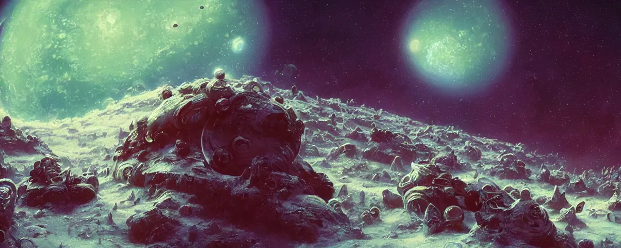 Prompt: ” outer planet covered with cream and larvae, [ art by paul lehr, cinematic, detailed, epic, widescreen, opening, establishing, mattepainting, photorealistic, realistic textures, octane render ] ”