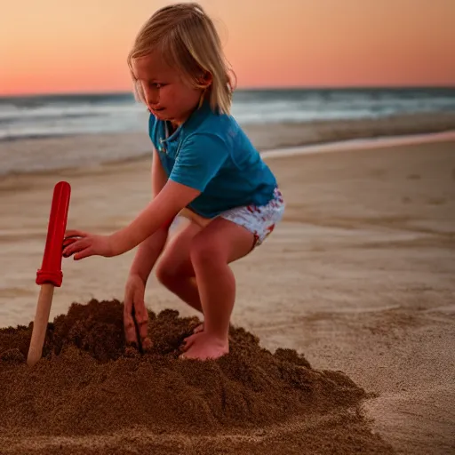 Image similar to little blond girl, making a sandcastle!!! on an Australian Beach, (((red)))!!! sand, shovel, waves, golden hour, Canon EOS R3, f/1.4, ISO 200, 1/160s, 8K, RAW, unedited, symmetrical balance, in-frame