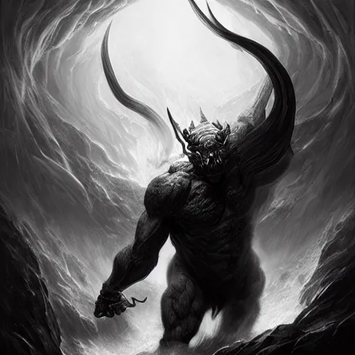 Prompt: full body, grayscale, muscled humanoid balrog demon, horns, claws, large horned tail, heroic pose, swirling flames, Sorie Kim, Gustave Dore, Greg Rutkowski,