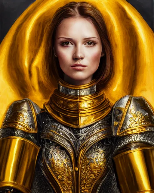 Image similar to gouache portrait of woman in shining golden armor, high production value, intricate details, high resolution, hdr, high definition, masterpiece, realistic, ultrarealistic, highly detailed, hd, sharp focus, non blurry, sharp, smooth