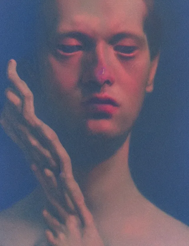 Image similar to boy in dark room praying on kness, blue rays from tv, redshift, colour shift, wide shot, coloured polaroid photograph, pastel, kodak film, hyper real, stunning moody cinematography, by maripol, fallen angels by wong kar - wai, style of suspiria and neon demon, david hockney, detailed, oil on canvas