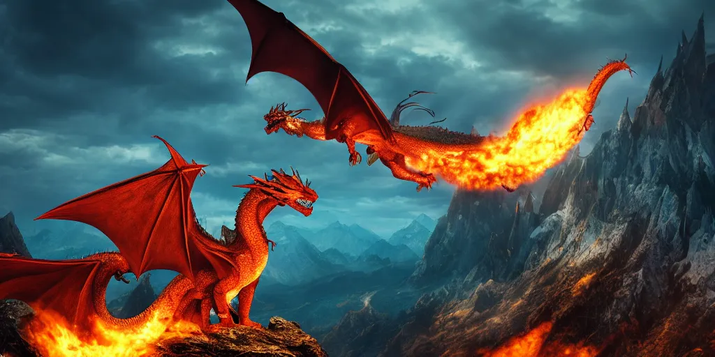 Image similar to a dragon breathing fire on the top of a mountain, epic composition, detailed and intricate image, cinematic, 4 k