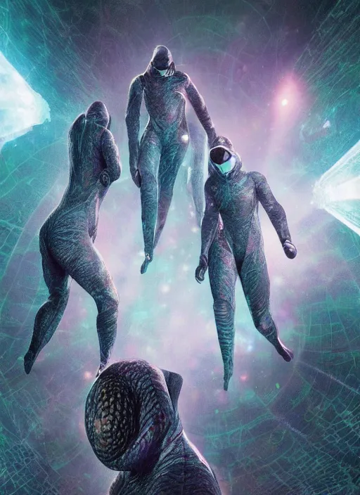 Image similar to astronauts in the dark infinite underwater void - complex and hyperdetailed technical suit, fabric material. reflection and dispersion materials. rays and dispersion of light. volumetric light. wide angle, f / 3 2. noise film photo. flash photography. ultra realistic, wide angle. poster by wayne barlowe, hajime sorayama aaron horkey, craig mullins