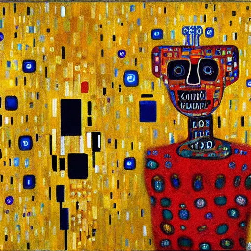 Prompt: artificial intelligence oil painting by klimt and Jean-Michel Basquiat