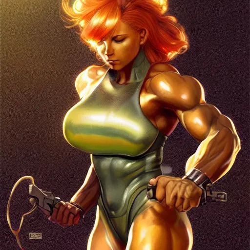 Image similar to samus aran showing her big muscular biceps, highly detailed, digital painting, artstation, concept art, matte, sharp focus, illustration, art by artgerm and greg rutkowski and alphonse mucha