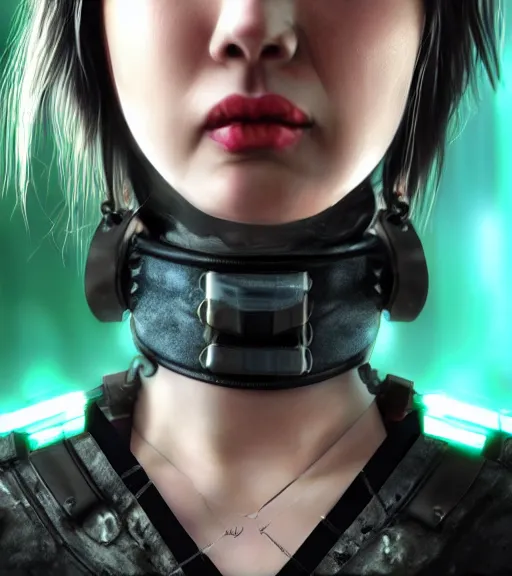 Image similar to detailed realistic female character cyberpunk wearing thick technological collar around neck, realistic, art, beautiful, 4K, collar, choker, collar around neck, punk, artstation, detailed, female, woman, choker, cyberpunk, neon, punk, collar, choker, collar around neck, thick collar, tight around neck, punk,