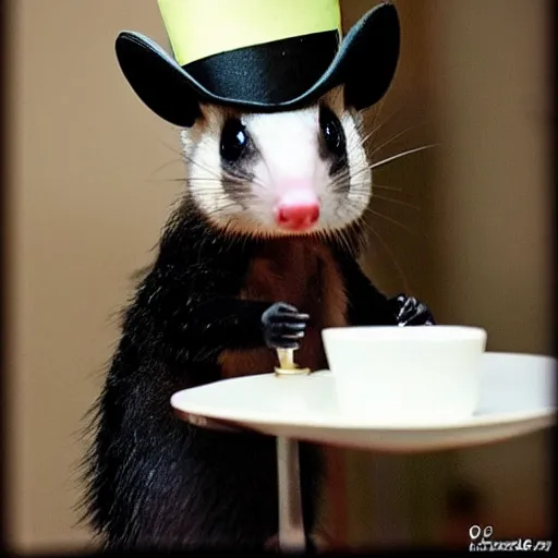 Prompt: candid photo of a cute opossum wearing a lil top hat