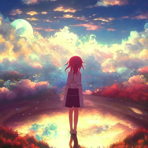 Image similar to a heavenly dream view from the interior of my cozy dream world filled with color from a Makoto Shinkai oil on canvas inspired pixiv dreamy scenery art majestic fantasy scenery fantasy pixiv scenery art inspired by magical fantasy exterior illumination of awe and wonder