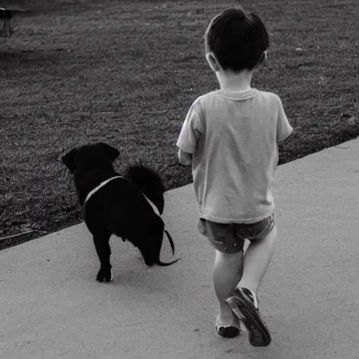 Image similar to a short young looking guy playing with his black and white dog