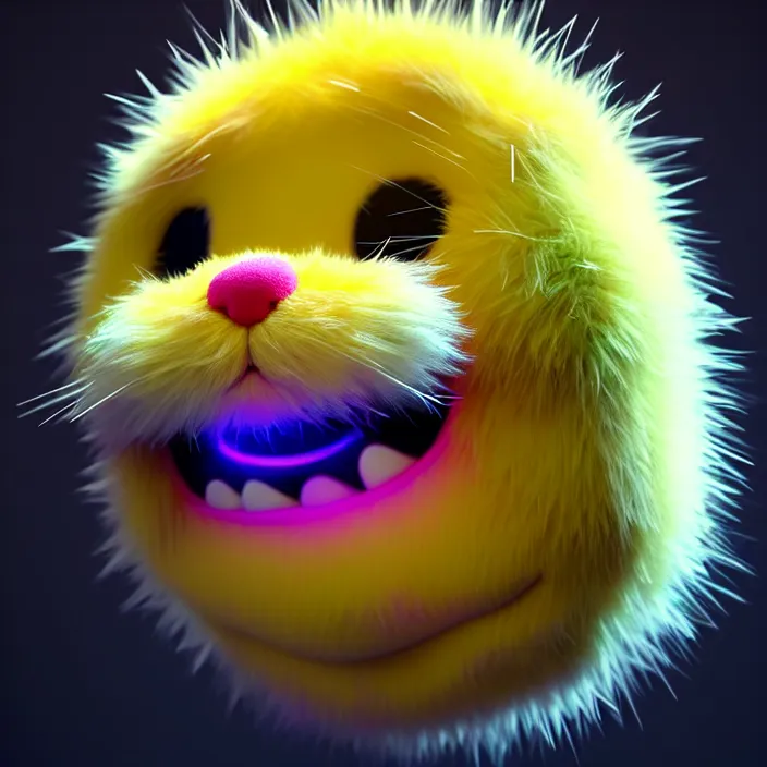 Image similar to high quality 3 d render hyperrealistic very cute big spherical smile emoticon, whiskers, plush mascot, short spiky colorful dense fluffy smooth fur 1 cm long, psychedelic lighting, 1 5 0 mm, smooth background, artstation, elegant, ultra detailed, octane render