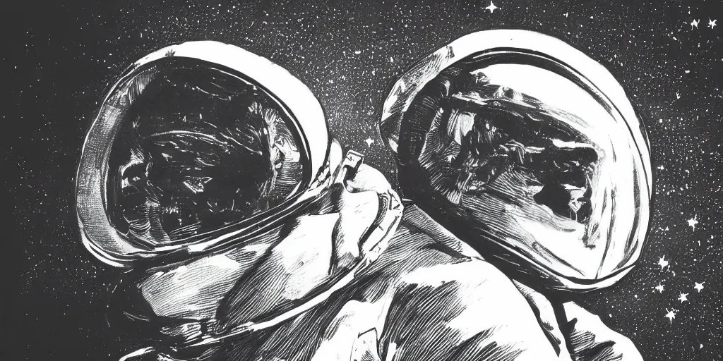 Image similar to etching portrait of a woman wearing a space helmet, scifi, big clouds visible in the background, stars in the sky, high contrast, deep black tones, depth of field, smudges