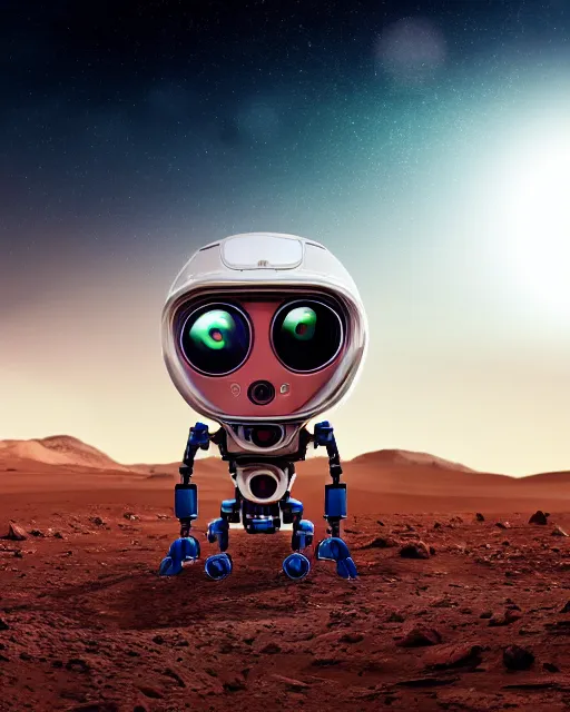 Image similar to high quality presentation photo of cute alien robots on mars, photography 4k, full body, f1.8 anamorphic, bokeh, 4k, Canon, Nikon