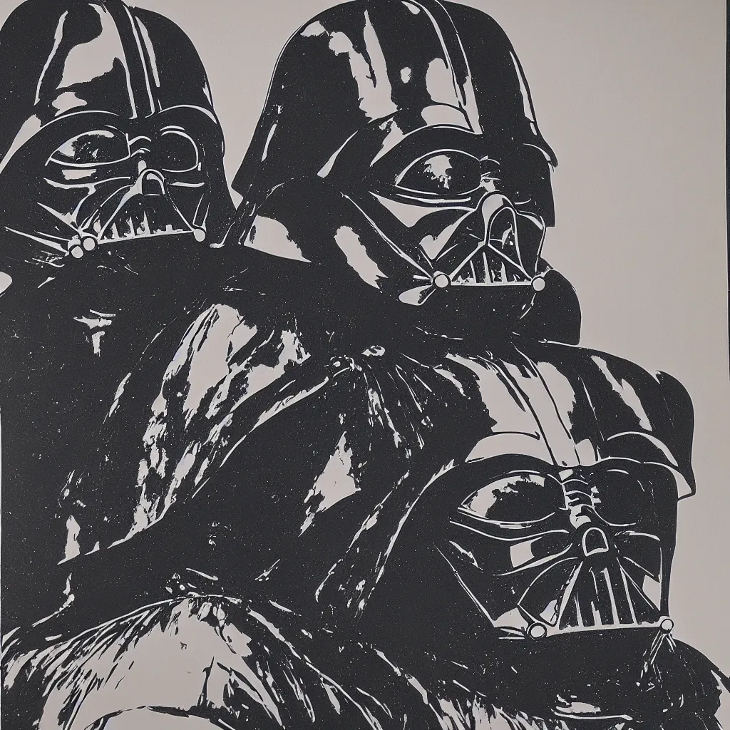 Image similar to individual silk screen portrait of darth vader by andy warhol