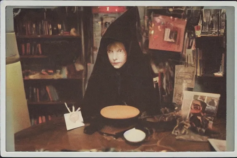 Image similar to polaroid 1 9 8 0's photo, close up portrait, dramatic lighting, concentration, calm confident teen witch and her cat with tarot card on the table in front of her, incense smoke fills the air, a witch hat and cape, apothecary shelves in the background, still from harry potter