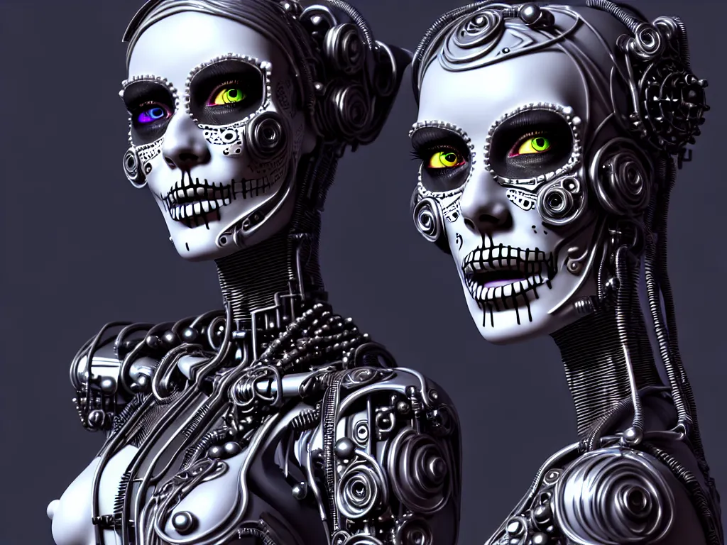 Image similar to ultra detailed, Mechanical Cyberpunk Female Android, dia de los muertos, cyberpunk, fantasy, intricate details, elegant, super highly detailed, professional digital painting, artstation, concept art, smooth, sharp focus, no blur, no dof, extreme illustration, Unreal Engine 5, Photorealism, HD quality, 8k resolution, cinema 4d, 3D, beautiful, cinematic, art by artgerm and michael welan and DZO and greg rutkowski and alphonse mucha and loish and WLOP