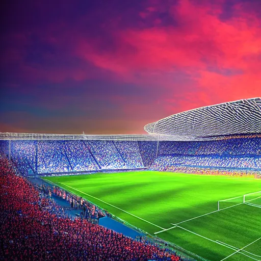 Image similar to soccer stadium, full crowd, detailed soccer field, high def, modern looking stadium, 8 k, hd, colourful sunset sky,