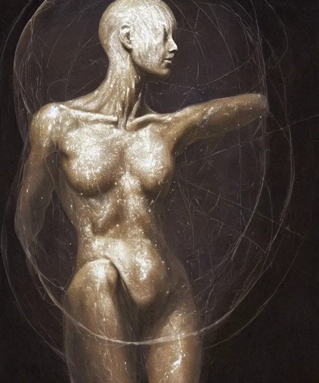 Prompt: Beautiful full-body wax sculpture of a glowing transparent woman inside egg with melted white wax inside the singularity where stars becoming baroque folds of dark matter by Michelangelo da Caravaggio, Nicola Samori, William Blake, Alex Grey and Beksinski, dramatic volumetric lighting, highly detailed oil painting, 8k, masterpiece