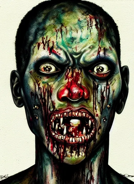 Image similar to african american zombie hollywood artwork professional acting headshot, hyperrealism, intricate detail, studio lighting, charming expression gesicht, hauntingly beautiful zombie, watercolor art, epic, legendary, drawn and painted, colored layers, dulled contrast, exquisite fine art, splatterpaint