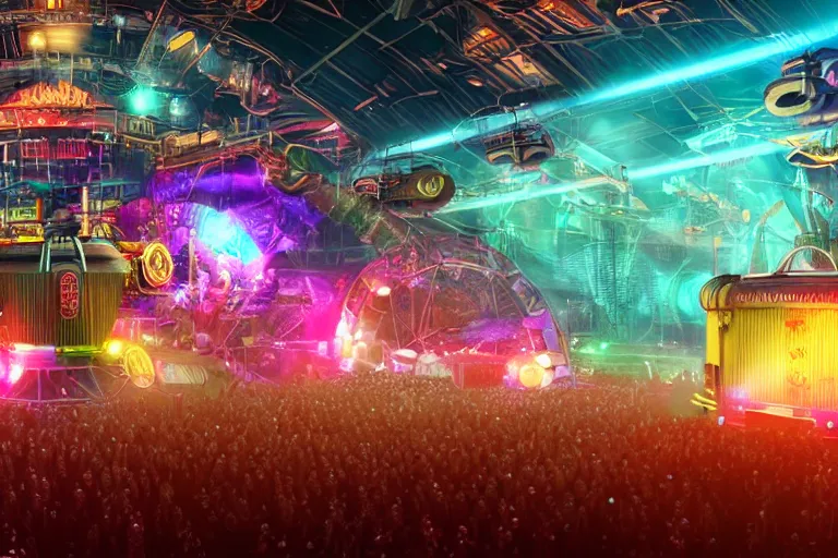 Image similar to a huge outdoor festival stage, center of the stage is a huge futuristic steampunk generators surrounded by steampunk machinery with huge loudspeakers, rock musicians on the stage, laser show, 8 k, fluorescent colors, halluzinogenic, multicolored, exaggerated detailed, unreal engine