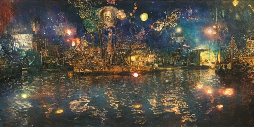 Image similar to a mystic river, the river is full of lights, mysticism, artwork, watercolor, cinematic, exposure, slit - scan photography, 4 k, ultra - hd, incandescent, ray tracing reflections, insanely detailed and intricate, elegant, ornate, hyper realistic, super detailed by dorothea tanning, by bruce pennington