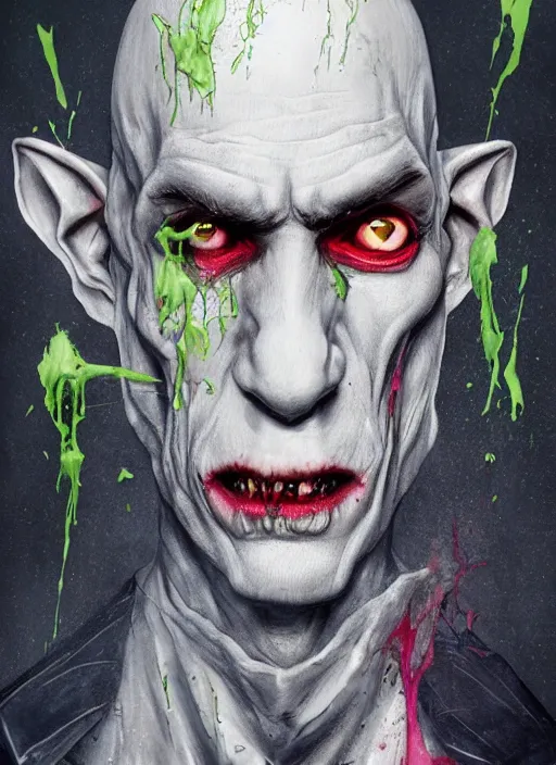 Prompt: a Demon Slayer portrait of Nosferatu, tall, pale-skinned, slender with lime green eyes and long eyelashes by Stanley Artgerm, Tom Bagshaw, Arthur Adams, Carne Griffiths, trending on Deviant Art, street art, face enhance, chillwave, maximalist, full of color, glittering