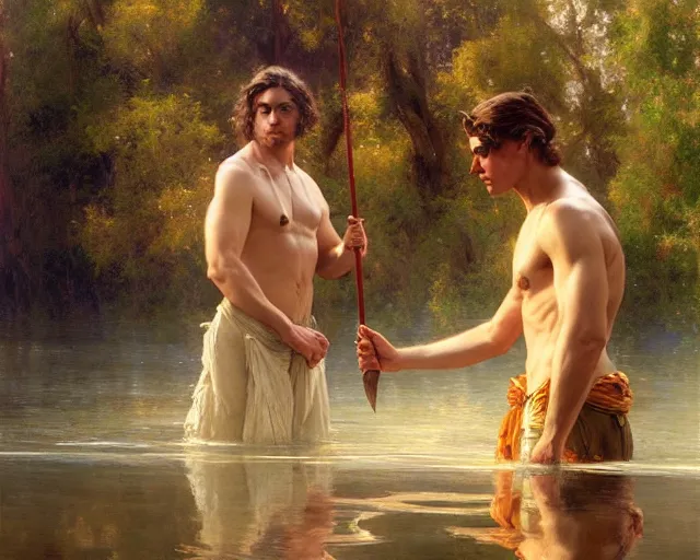 Image similar to attractive male wizard casting water spell in a beautiful lake. highly detailed painting by gaston bussiere, craig mullins, j. c. leyendecker 8 k