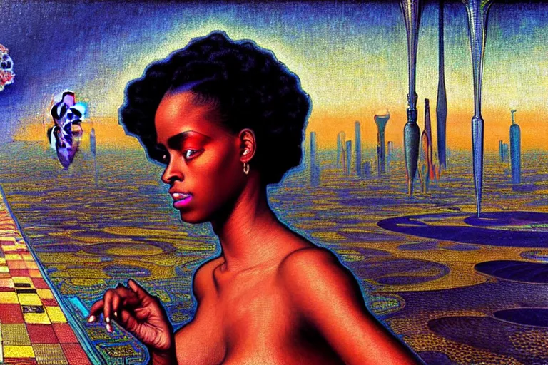 Image similar to realistic extremely detailed closeup portrait painting of a beautiful black woman in a dress with supercomputer alien, city street on background by Jean Delville, Amano, Yves Tanguy, Ilya Repin, Alphonse Mucha, Ernst Haeckel, Edward Hopper, Edward Robert Hughes, rich moody colours