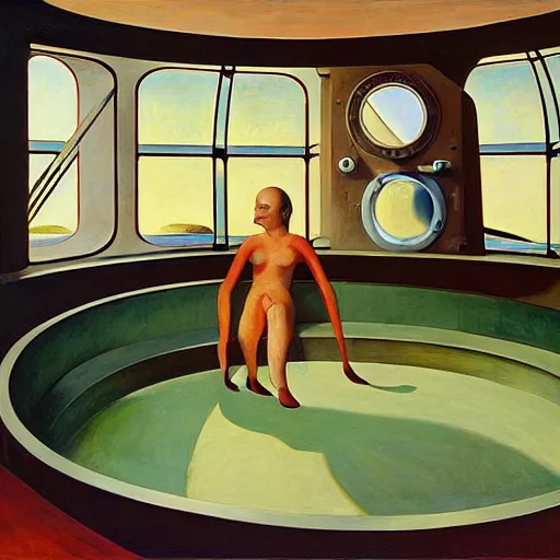 Prompt: giant bathysphere interior, portholes, comedic, dystopian, grant wood, pj crook, edward hopper, oil on canvas