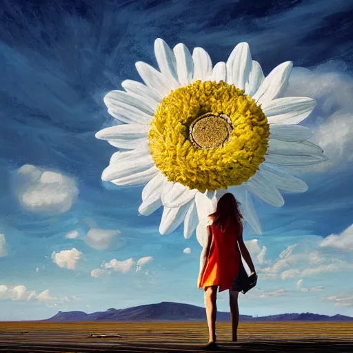 Image similar to giant daisy flower head, girl walking on salt flats mountains, surreal photography, sunrise, dramatic light, impressionist painting, colorful clouds, digital painting, artstation, simon stalenhag