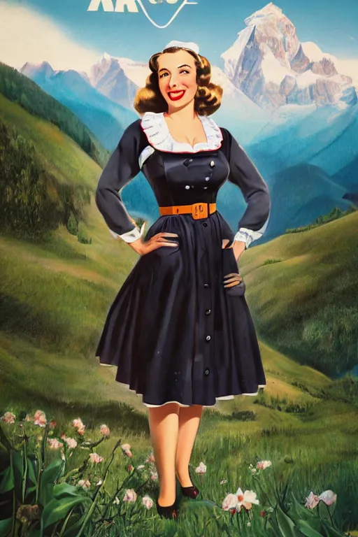 Image similar to 1 9 4 0 s german advertisement poster pinup girl in dirndl, the alps are in the background, unreal engine, global illumination, radiant light, detailed and intricate environment