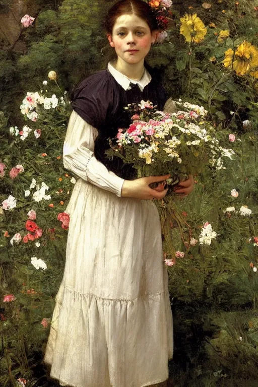 Image similar to Richard Schmid and caravaggio full length portrait painting of a young beautiful edwardian girl hold a large bouquet of flowers standing in a cottage garden