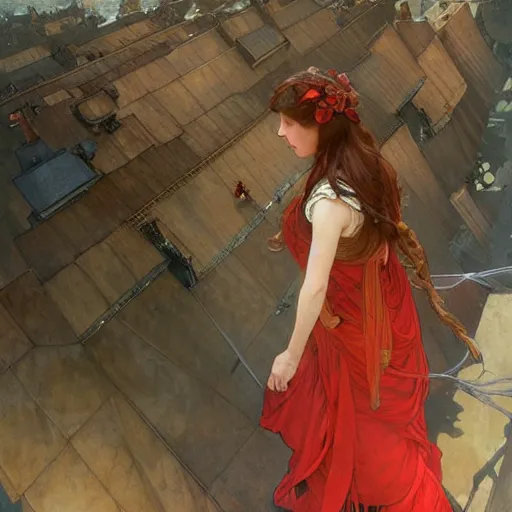 Prompt: a young girl standing on top of an impossibly tall wall, looking down at what is on the other side. she wears a very long red scarf that trails down a long way. beautiful fantasy painting by artgerm and greg rutkowski and alphonse mucha