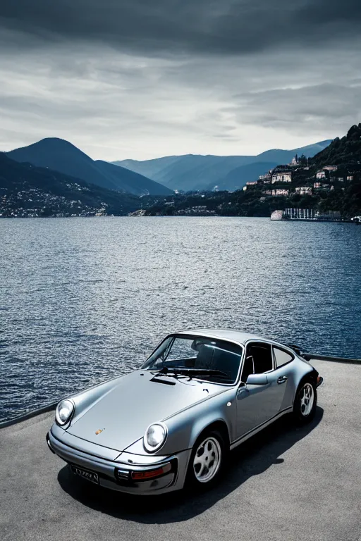 Image similar to Photo of a silver Porsche 911 Carrera 3.2 parked on a dock with Lake Como in the background, daylight, dramatic lighting, award winning, highly detailed, 1980s, luxury lifestyle, fine art print, best selling.