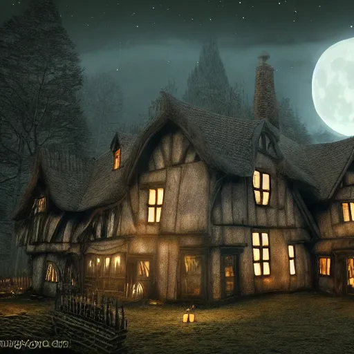 Image similar to a highly detailed old english tudor cottage in a scary pumpkin patch and graveyard at night with a large moon, volumetric haze, fall colors, night, dead tree forest, pumpkins, moon, photorealistic, insanely detailed and intricate, epic scene, volumetric haze, hyper realistic, elegant, ornate, elite, horror, creepy, ominous, haunting, cinematic lighting, unreal engine, symmetrical, cinematic centered camera, high detail