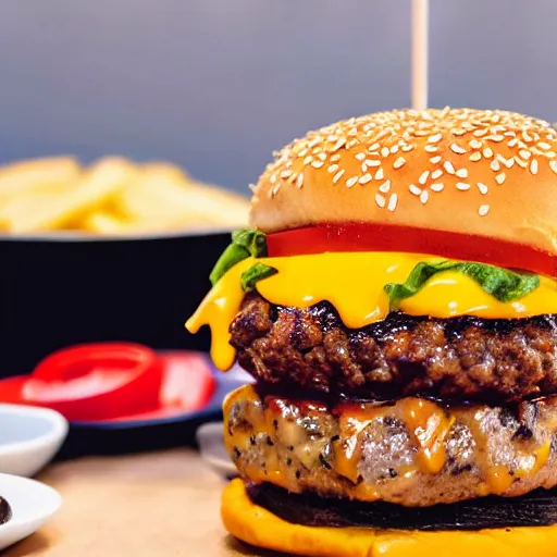 Prompt: close ups photo of a delicious cheeseburger with lots of toppings, film photograph