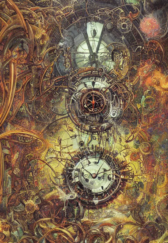 Prompt: simplicity, elegant, muscular eldritch clockwork, machinery, industry, radiating, colorful mandala, psychedelic, overgrown garden environment, by ryan stegman and hr giger and esao andrews and maria sibylla merian eugene delacroix, gustave dore, thomas moran, pop art, street art, graffiti, saturated