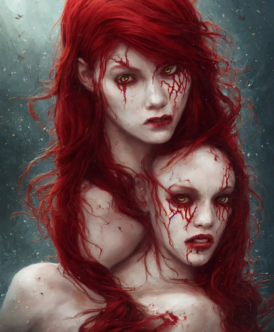 Prompt: Close-up portrait of zombie mermaid young woman with red hair, alone, D&D, fantasy, intricate, elegant, highly detailed, digital painting, trending artstation, concept art, smooth, sharp focus, illustration, art by Greg Rutkowski