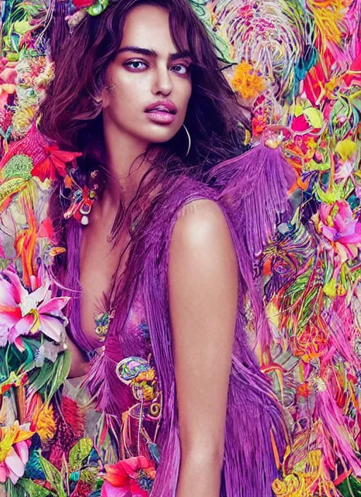 Image similar to beautiful portrait of Irina Shayk wearing fantastic Hand-dyed cotton dress, embellished beaded feather decorative fringe knots ,colorful pigtail,subtropical flowers and plants,symmetrical face,intricate,elegant, highly detailed, 8k,post-processing,digital painting, trending on pinterest, arper's bazaar,concept art, sharp focus, illustration, by artgerm,Tom Bagshaw,Lawrence Alma-Tadema,greg rutkowski,alphonse Mucha