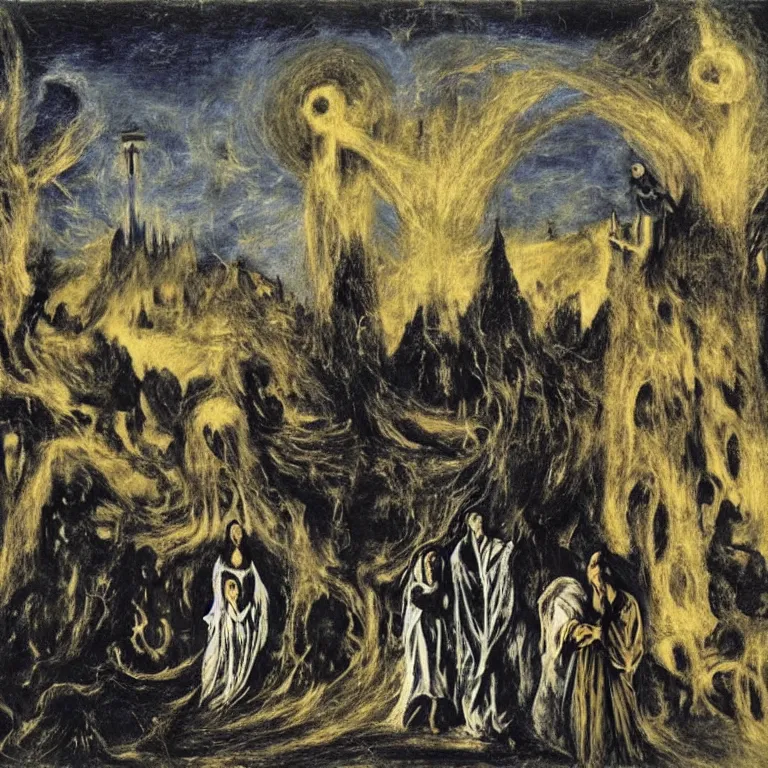 Image similar to A Holy Week procession of four souls in a Spanish landscape at night. A figure at the front holds a cross. El Greco, Remedios Varo, Salvador Dali, Carl Gustav Carus, John Atkinson Grimshaw. Blue tint.