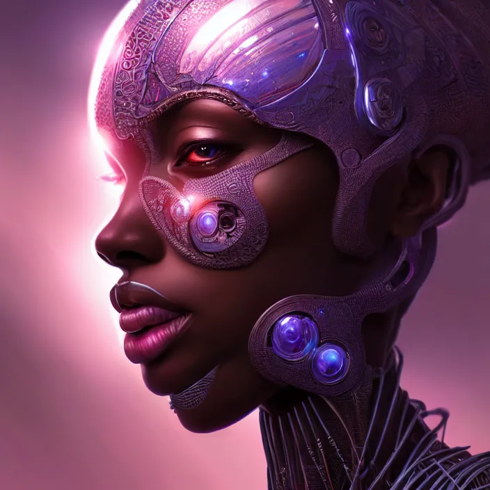 Prompt: beautiful african organic cyborg, diffuse lighting, fantasy, intricate, highly detailed, lifelike, photorealistic, digital painting, artstation, illustration, concept art, smooth, sharp focus