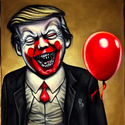 Image similar to grunge painting of donald trump with a wide smile and a red balloon by chris leib, loony toons style, pennywise style, corpse bride style, horror theme, detailed, elegant, intricate