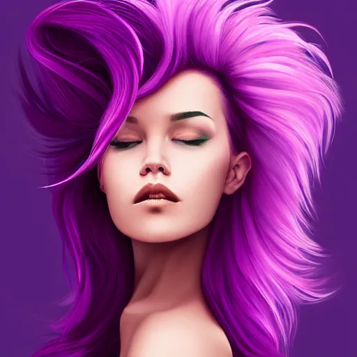 Image similar to a stunning upper body portrait of a beautiful woman with purple pink hair blowing in the wind by marvel comics, digital art, trending on artstation