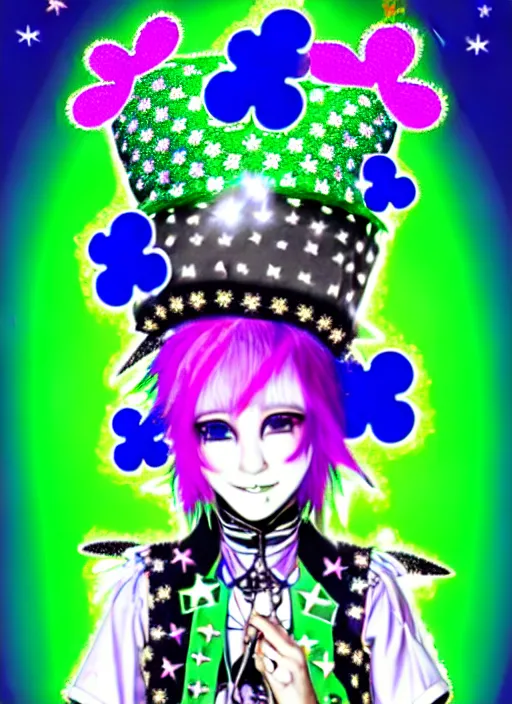 Image similar to a hologram of decora styled green haired yotsuba koiwai wearing a jester hat and gothic spiked jacket, background full of lucky clovers and shinning stars, holography, irridescent, baroque visual kei decora art